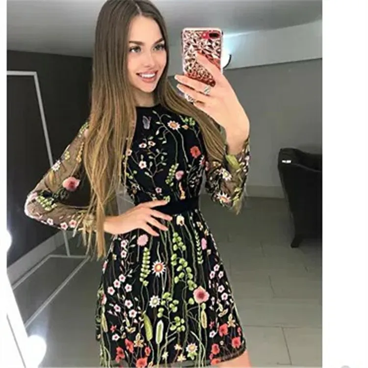 Красивое стильное модное короткое платье в стиле пэтчворк с сетчатыми рукавами, милое стильное мини-платье трапециевидной формы с высокой талией 1519