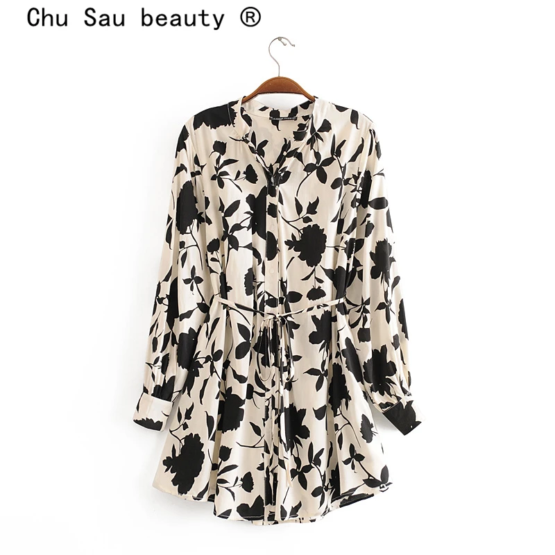 

Chu Sau beauty New Fashion Boho Vintage Black Floral Print Loose Blouses Women Holiday Stand Collar Sashes Ladies Blouse