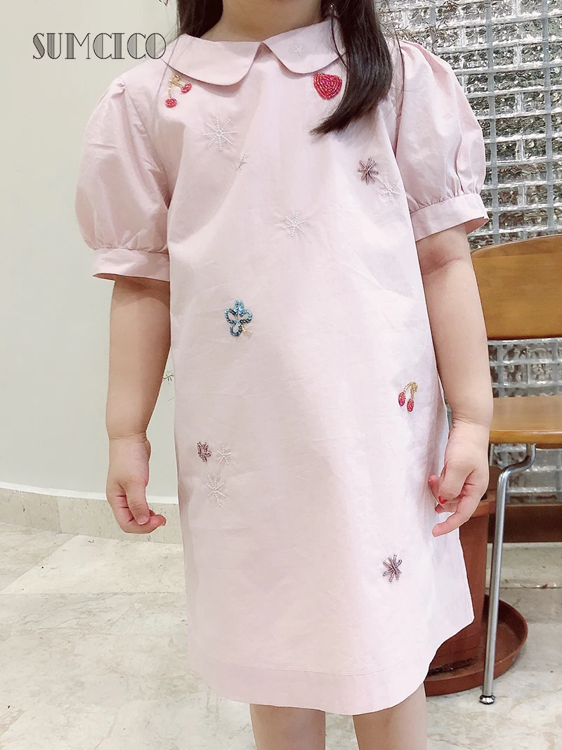 Хлопковое платье Sumcico для девочек с вышивкой бисером и блестками воротником в