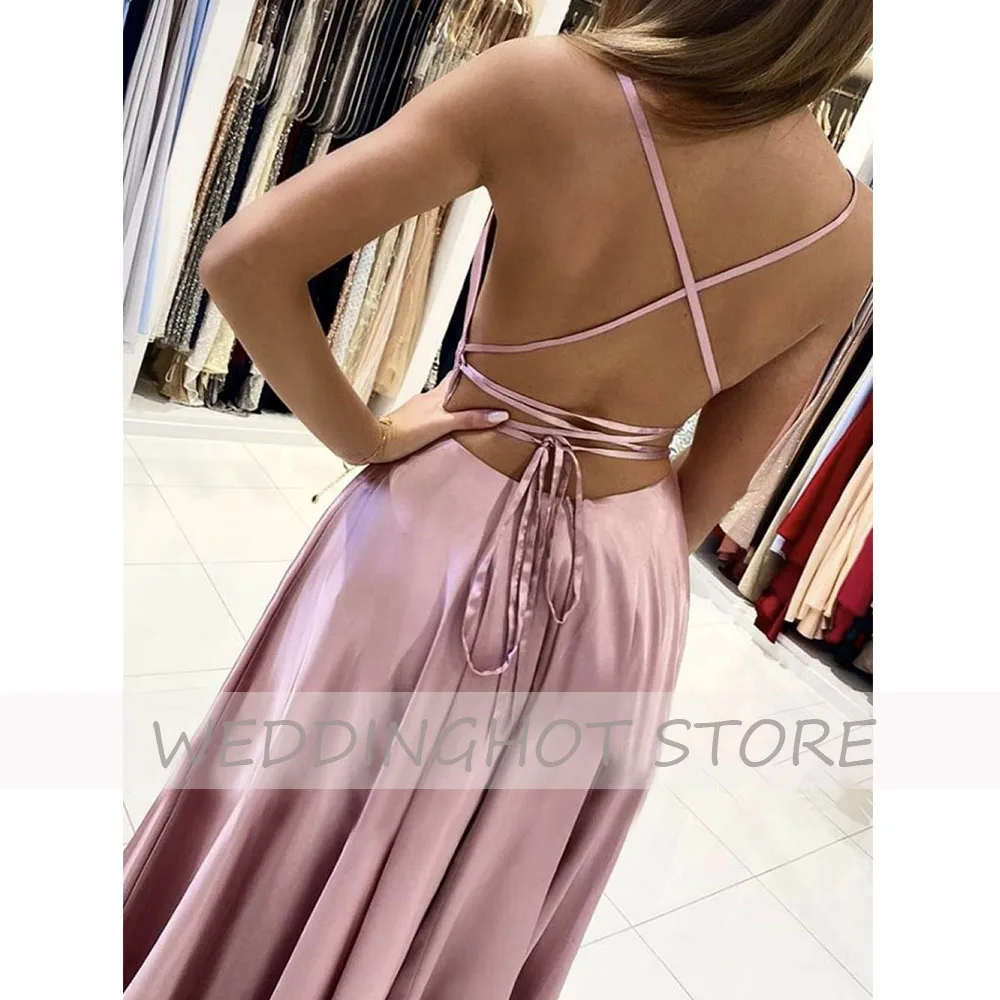 

Satin Eleglant Evening Dresses Long 2021 Spaghetti Strap Backless Side Split Prom Party Gowns Plus Size Custom robes de soirée