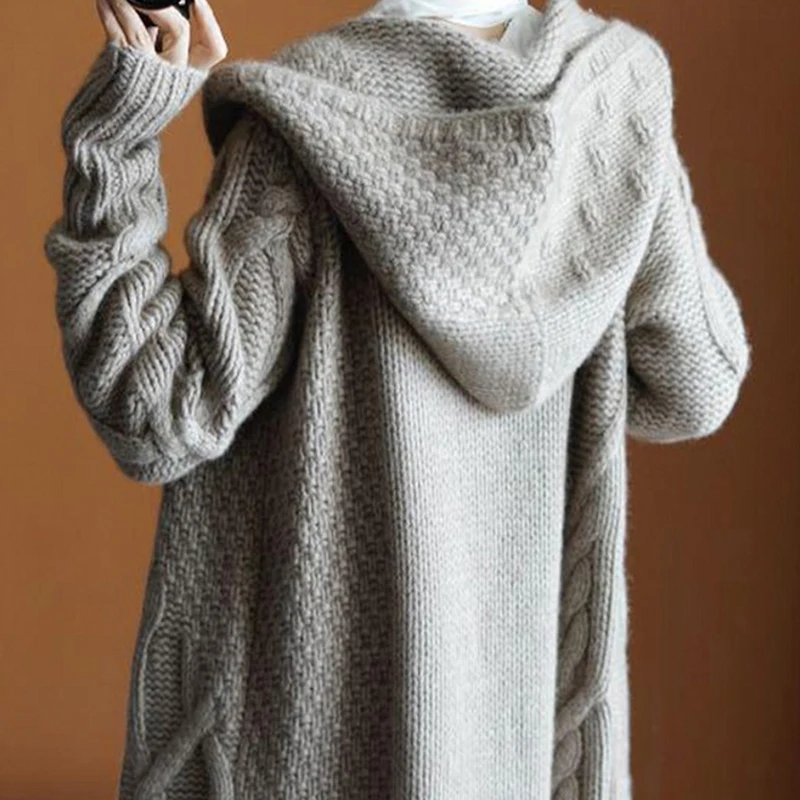 

2021 New Cardigan Coat Womens Hooded Sweater Long Women Warm Sweater Thick Knitted Female Sweater Winter
