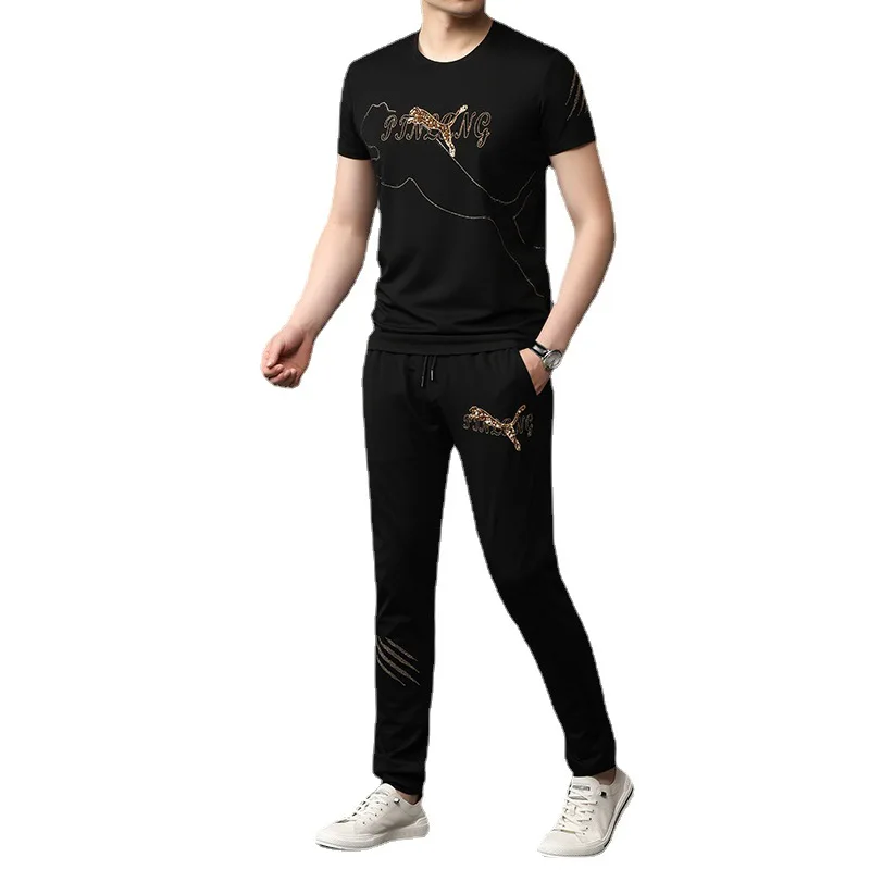 

2021 new summer short sleeve suit men's sports leisure round neck T-shirt trousers suit youth handsome trend