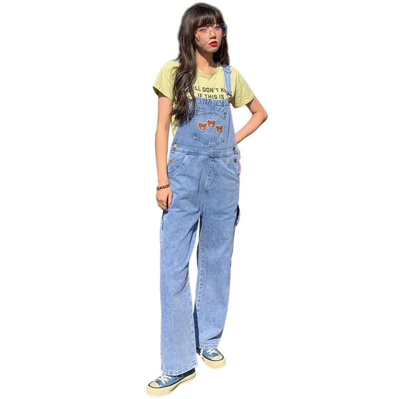 

New Jeans for Women Loose Overalls Cartoon Bear Embroidery Denim Jumpsuit Fashion Big Pocket Denim Jumpsuit Casual Rompers