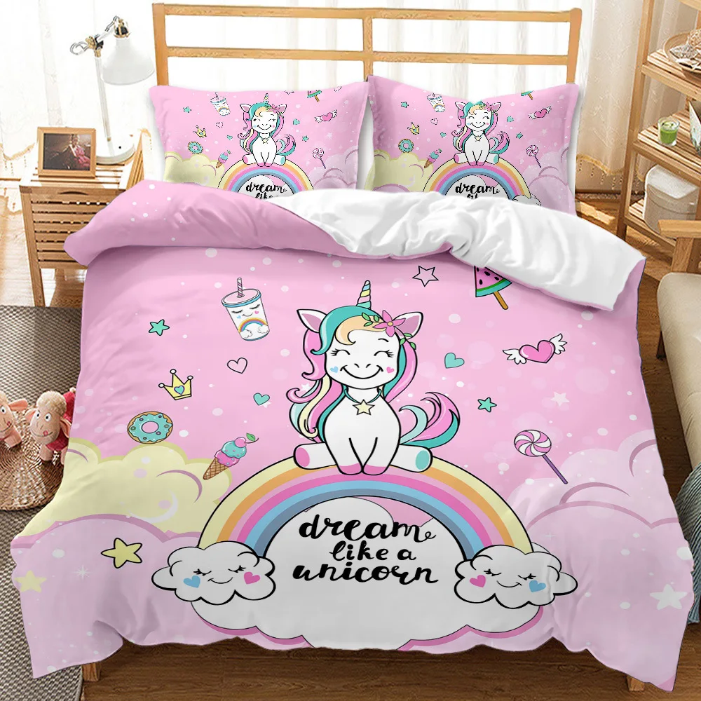 

Hot Sale Cartoon Unicorn Kids Girls Pink 3D Bedding Set Duvet Cover Bedcllothes Animal Printed Queen King Size Home Bed Linens