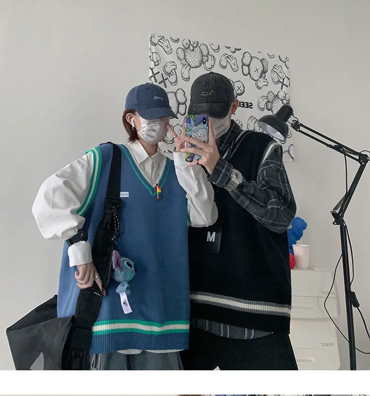 

Мужской свитер, жилет с V-образным вырезом, Трикотажный жилет в стиле пэчворк для пар, большие размеры 3XL, жилеты в стиле Харадзюку, шикарные ж...