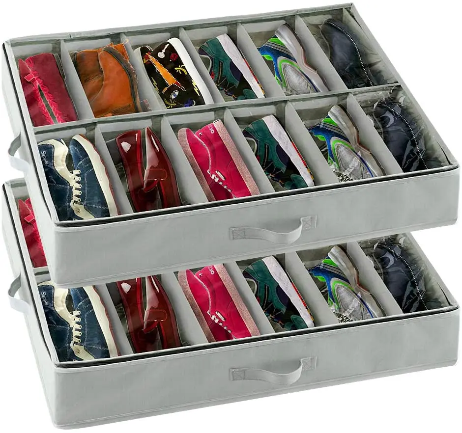

Under-Bed Shoe Storage Organizers with Adjustable Dividers and Clear Window, Set of 2 Fits 24 Pairs Total Grey (30" X 24" X 5")