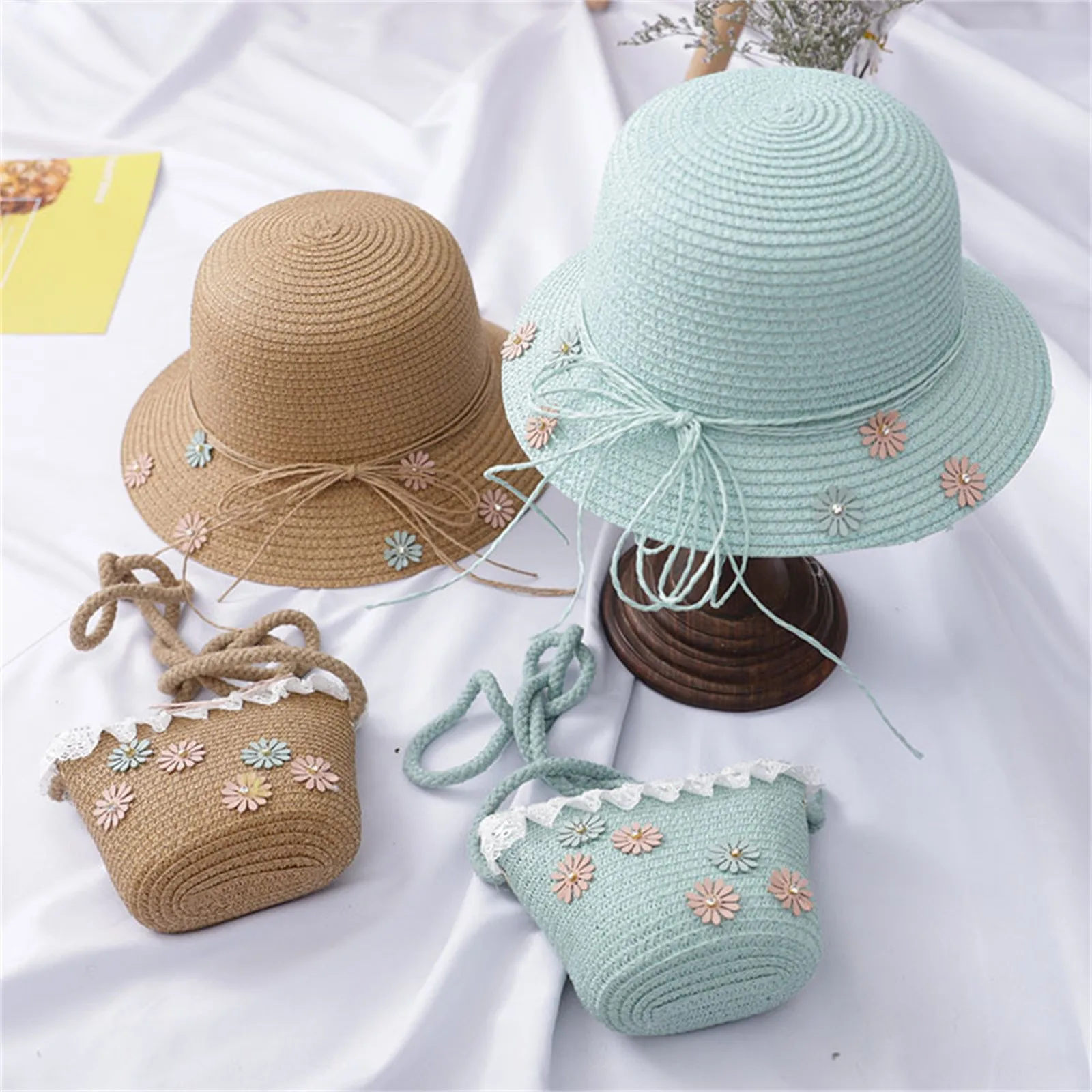 

Children Girl Elegant Straw Hat Floret Summer Sunscreen Sunshade Hat Straw Beach Sun Hat + Straw Bag Free Shipping