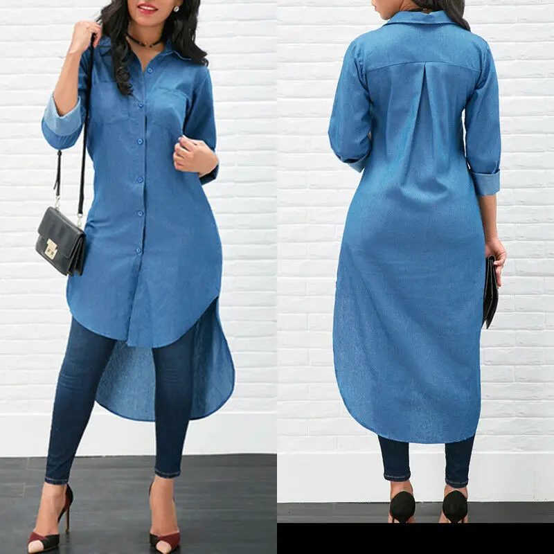 

New Women Casual Long Denim Blouse Long Sleeve Fashion Shirt Loose Tops Long Maxi Dress Summer Clothing vestidos ropa mujer