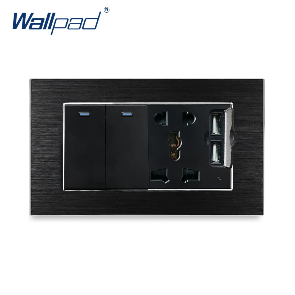 

2 Gang 2 Way Switch With 5 Pin Socket 2 USB Charger Wallpad Luxury Wall Outlet Satin Metal Panel 146*86mm 5V 2400MA