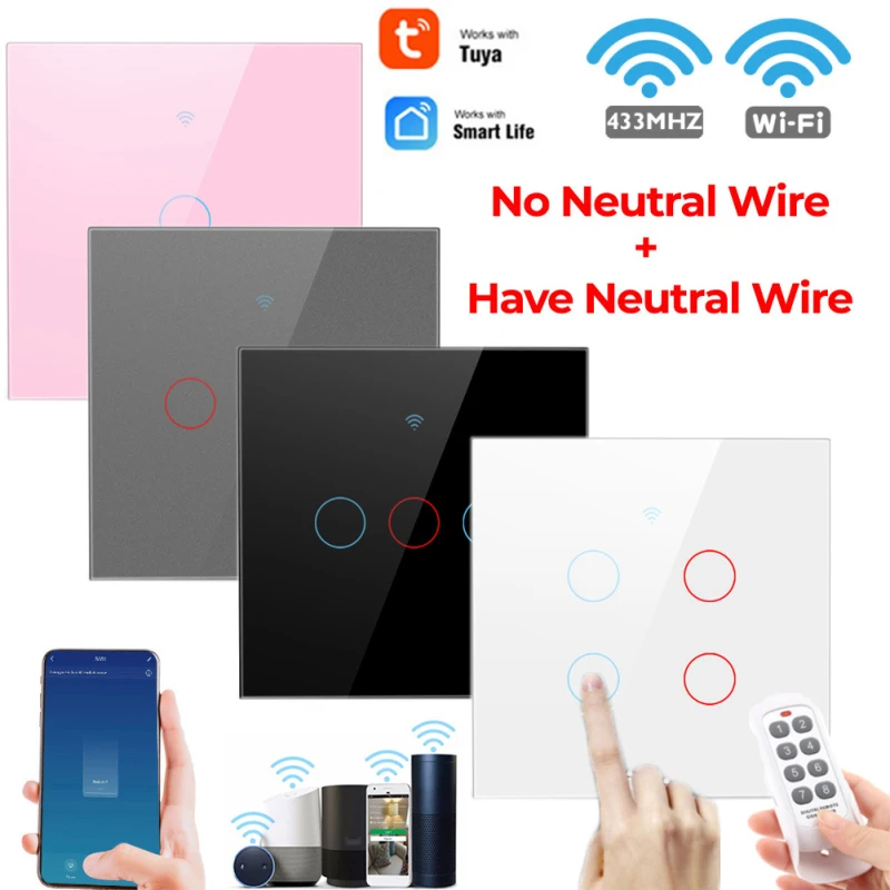 

1/2/3/4 Gang TUYA WiFi+433MHZ Smart Touch Timer Switch Home Light Wall Button Tempered Glass Panels For Alexa Google Home