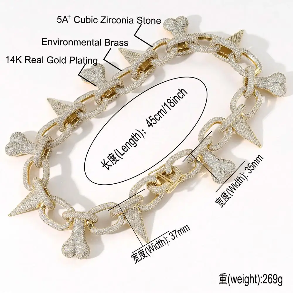 

Luxurious Hip Hop Super Exaggeration Big Bling Skull Spines Necklace Micro Paved Iced Out AAA+ CZ Store Long Chain Link Necklace