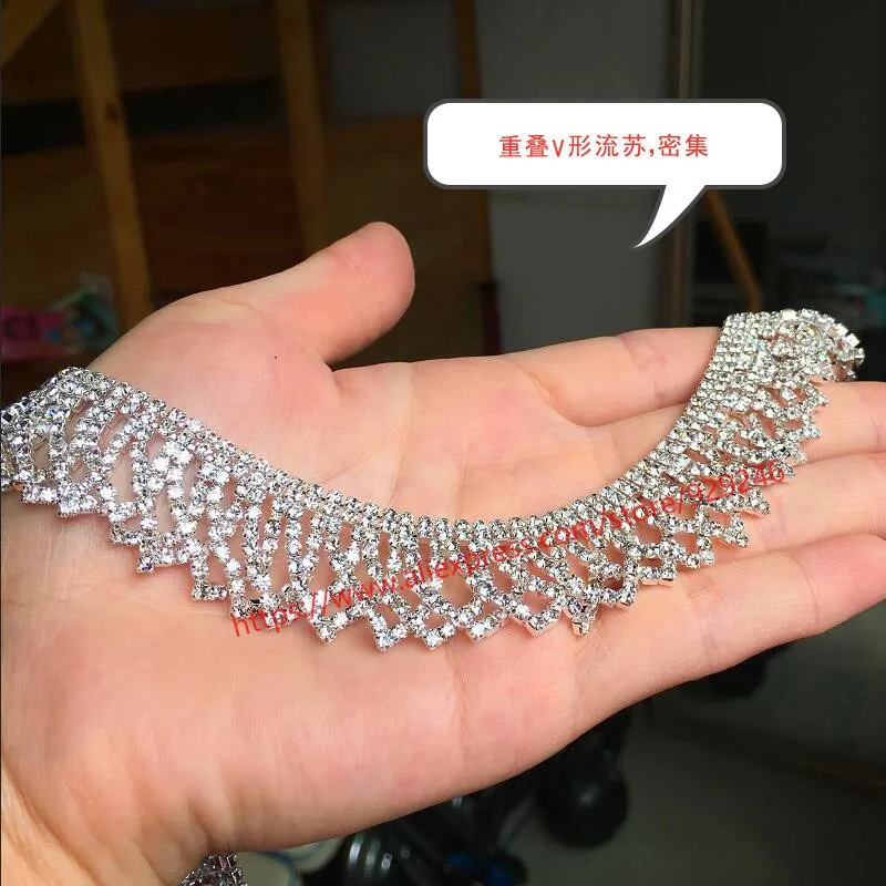 

V-shape fringe crystal trims for sweater dress collar decoration white rhinestone chain for bridal wedding dress ornaments