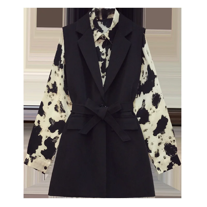 Женский офисный комплект блузка с длинным рукавом и галстуком надрезом + пиджак