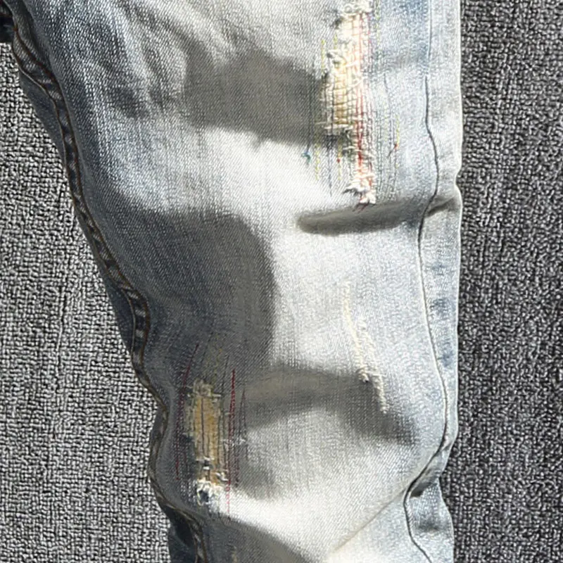 European Street Fashion Men Jeans Retro Light Blue Slim Ripped Jeans Men Korean Embroidery Designer Vintage Casual Denim Pants