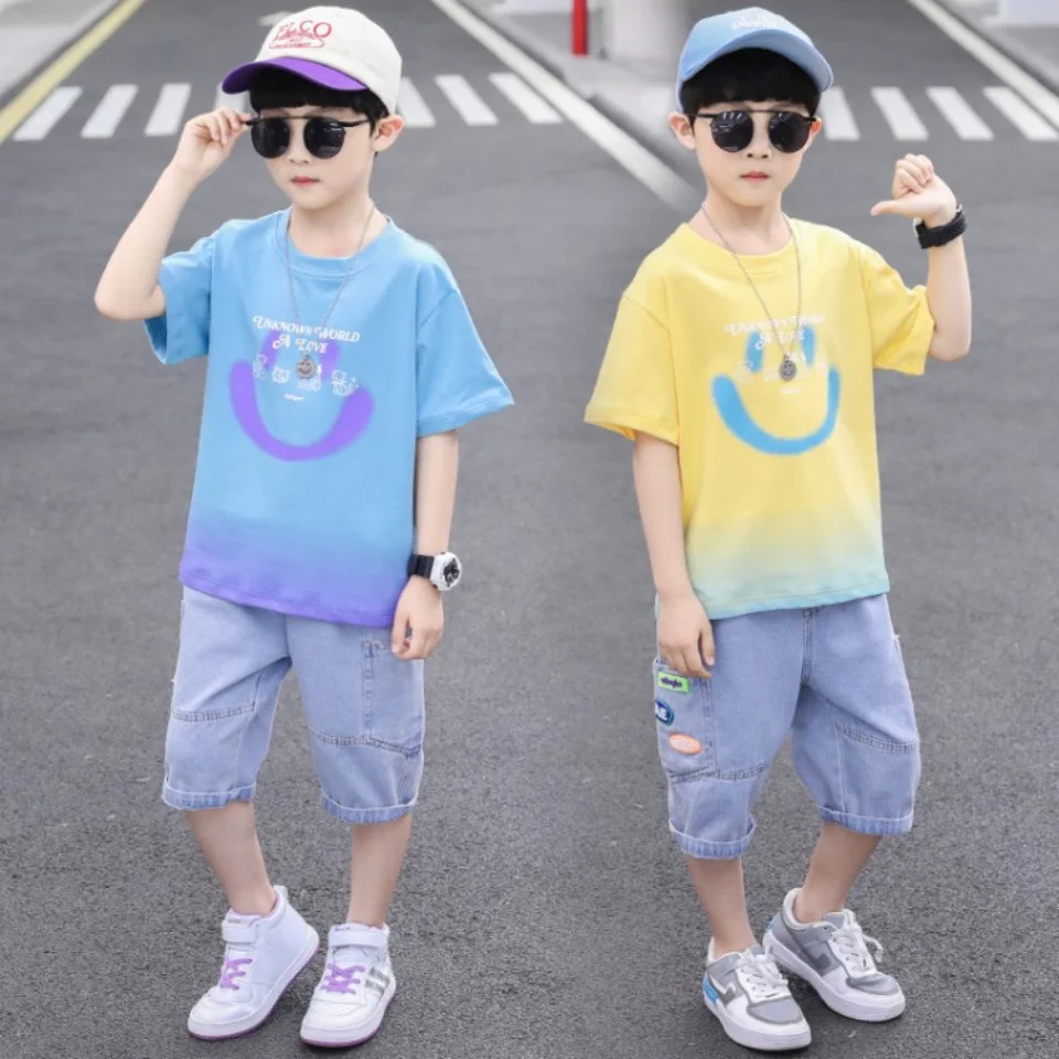 Cartoon Kids Boys Clothing Sets Summer Short Sleeve T-Shirt Tops And Denim Shorts For Baby Boy Clothes Set 3T 4 6 7 8 9 12Years