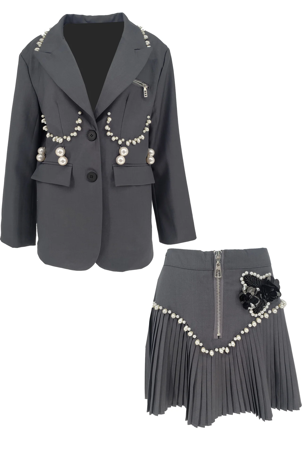

Designer Model Heavy Industry Pearl Decoration Three-Dimensional Cut Suit High Waist Pleated Sequined Flower Skirt