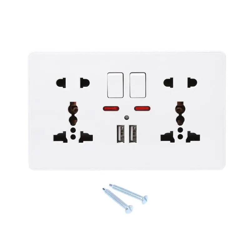 

Wall Socket With LED Light Switch 86 Type 5 Holes Double USB White PC Panel
