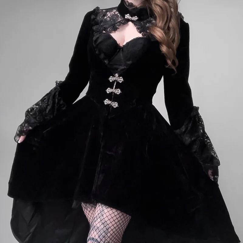 Stylish Black Frock Lace Stitching Dress Gothic Lolita Dress Hollow Pleated Dress Dark Streetwear Irregular Frock