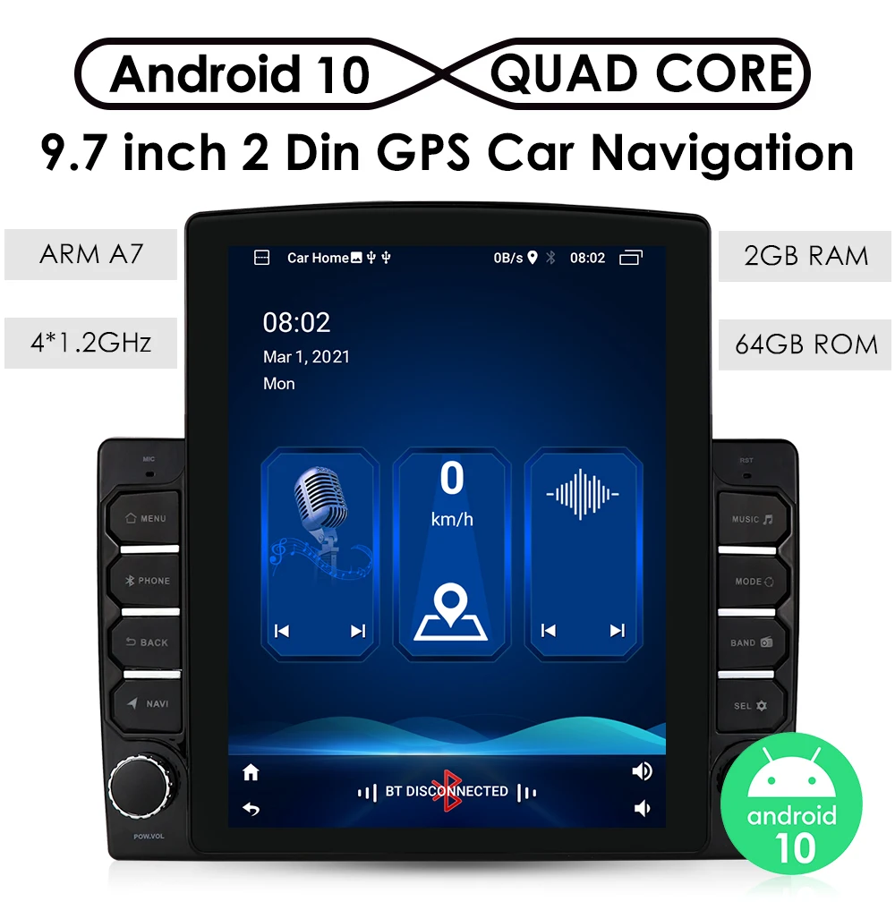 Вертикальный стиль 2DIN 2 ГБ + 64 Гб четырехъядерный Android 10 GPS навигатор Головной блок