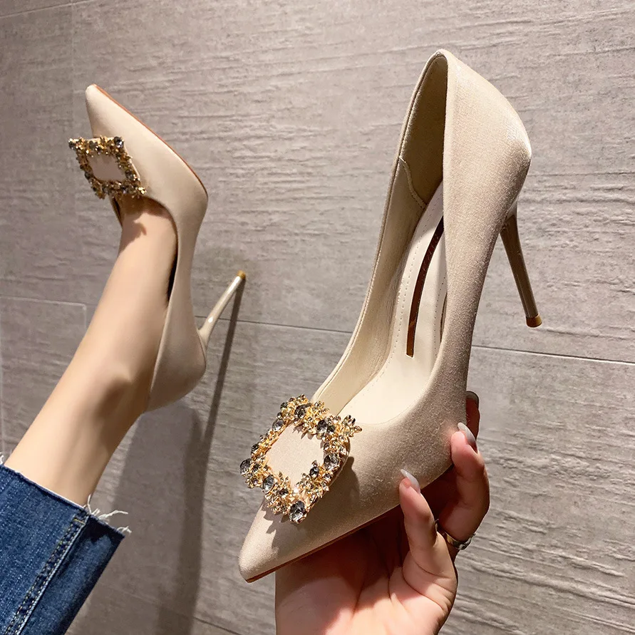

New Fashion Spring Pointed Toe Female Dress Pumps Solid Silk Rhinestone 10.5cm High Heels Ladies Office Work Women Wedding Shoes