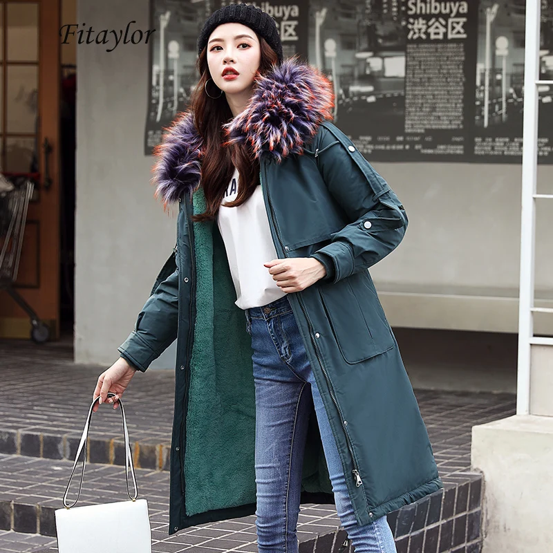 Fitaylor зима большой меховой воротник с хлопковой подкладкой длинная куртка