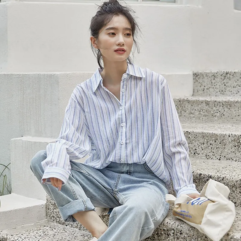 

Oversized Women Long Sleeve Casual Shirts New Arrival 2021 Spring Korean Simple Style Striped Loose Ladies Cotton Tops W024