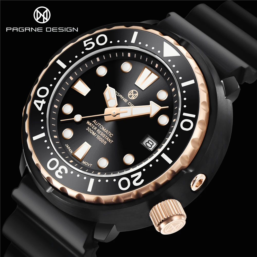 

PAGRNE DESIGN Men's Automatic Watch 300M Waterproof Sapphire Glass Stainless Steel Watch Ceramic Bezel Men's Wristwatch