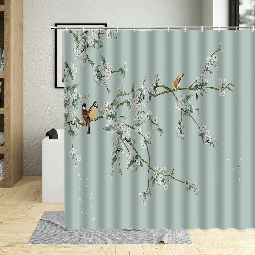 

Chinese Style Ink Painting Bath Shower Curtain Flower Bird Tree Pattern Art Decor Waterproof Fabric Bathroom Curtains With Hooks