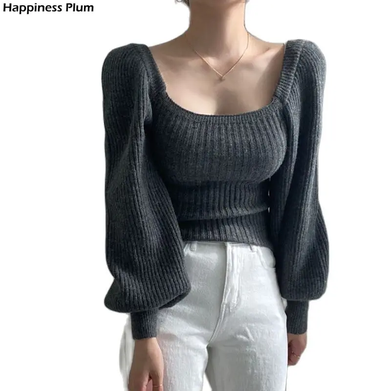 

Retro square neck Pullover women puff sleeve Knitted Top female 2021 winter hot sale warmth base long-sleeved slim Sweater Woman