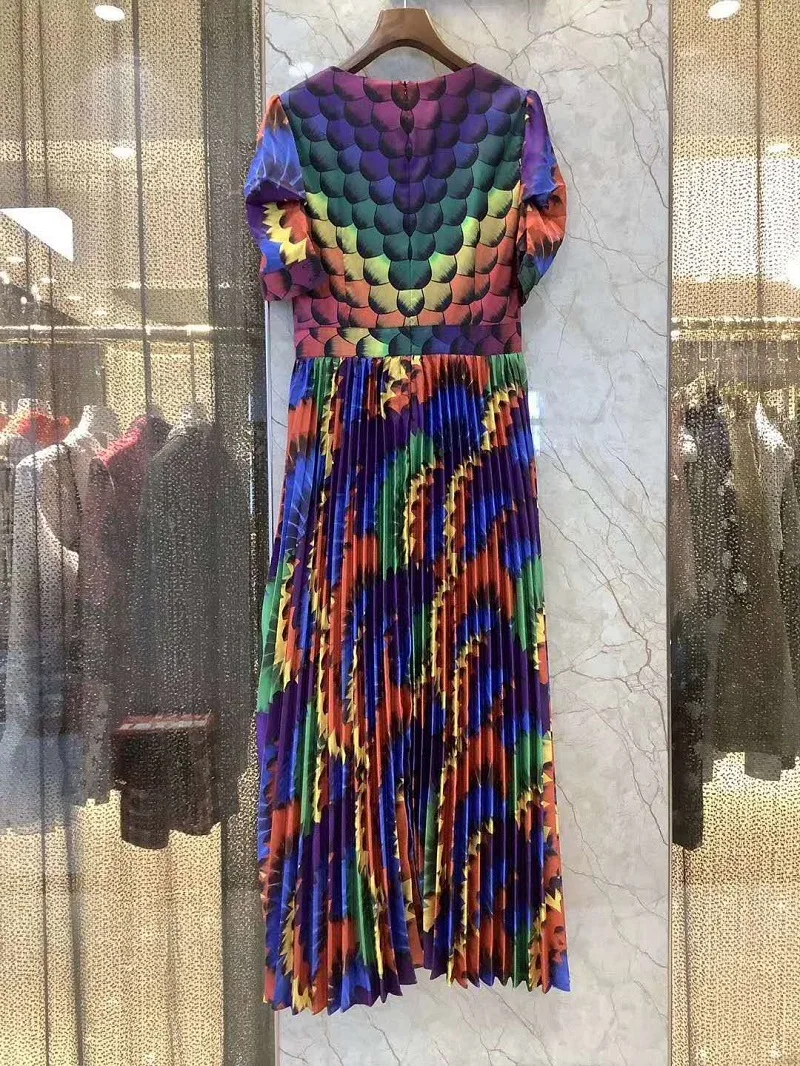 

Quality New High 2021 Summer Long Dress Women V-Neck Sweet Rainbow Color Print Short Sleeve Casual Long Maxi Dress Streetwear