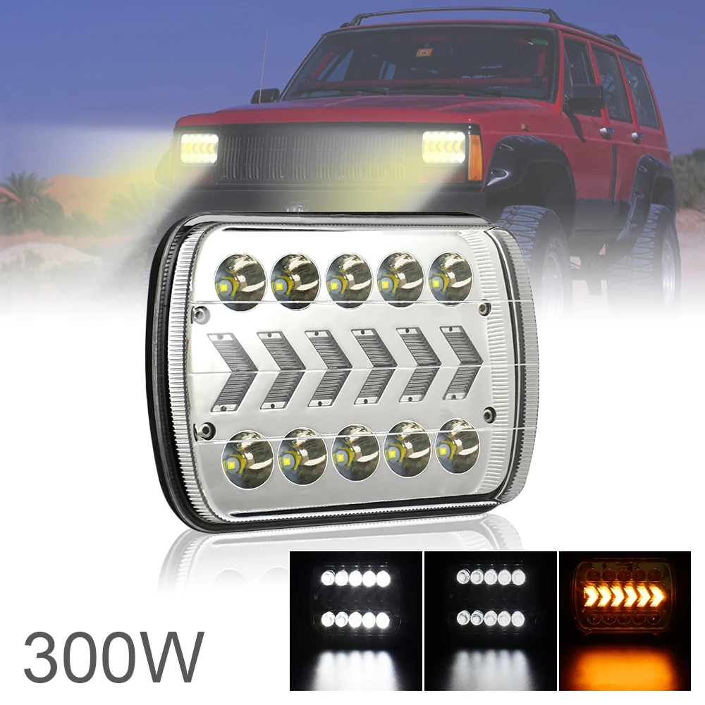 

7 Inch 7 x 6 5 x 7 300W Square Headlights White Amber Arrow DRL Dynamic Sequential Turn Signal for Off-road Vehicle Truck Bus