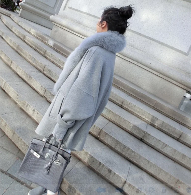 Женское шерстяное пальто Серый кардиган с большим меховым воротником элегантная