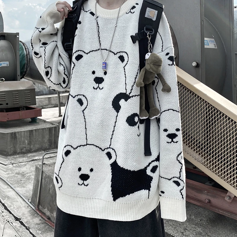 

Winter Harajuku Style Kawaii Cute Little Panda Jacquard Knitted Sweater Y2k Korean Women'S Trendy Casual Loose Retro Pullover