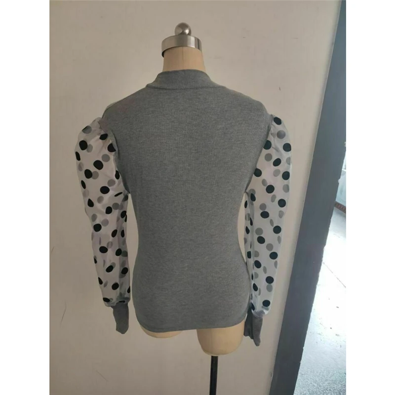 2019 New Fashion Elegant Slim Polka Dot Puff Long Sleeve Tops Shirt Turtleneck Fall Blouse Women's Sheer Mesh See-through | Женская