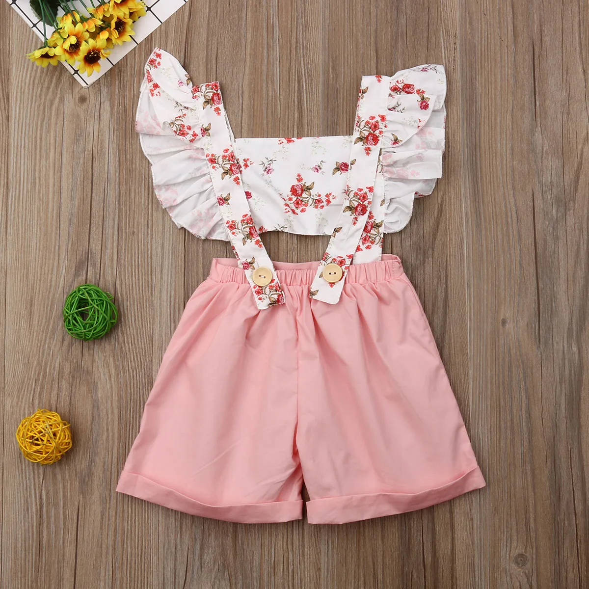 Детский летний комбинезон для маленьких девочек с цветочным узором и рукавами