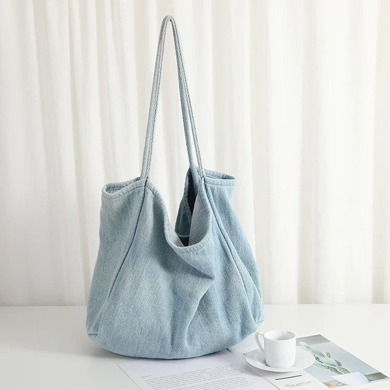 

Повседневная промытая джинсовая женская сумка, вместительная холщовая дамская сумочка на плечо, простой тоут-Шоппер синего цвета, Bolsos Bao