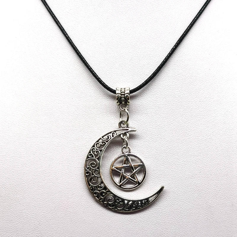 

Pentagram Crescent Moon Leather Necklace, Celestial Necklace,Moon and Star Necklace,Pagan Necklace,Wiccan Necklace,Choker