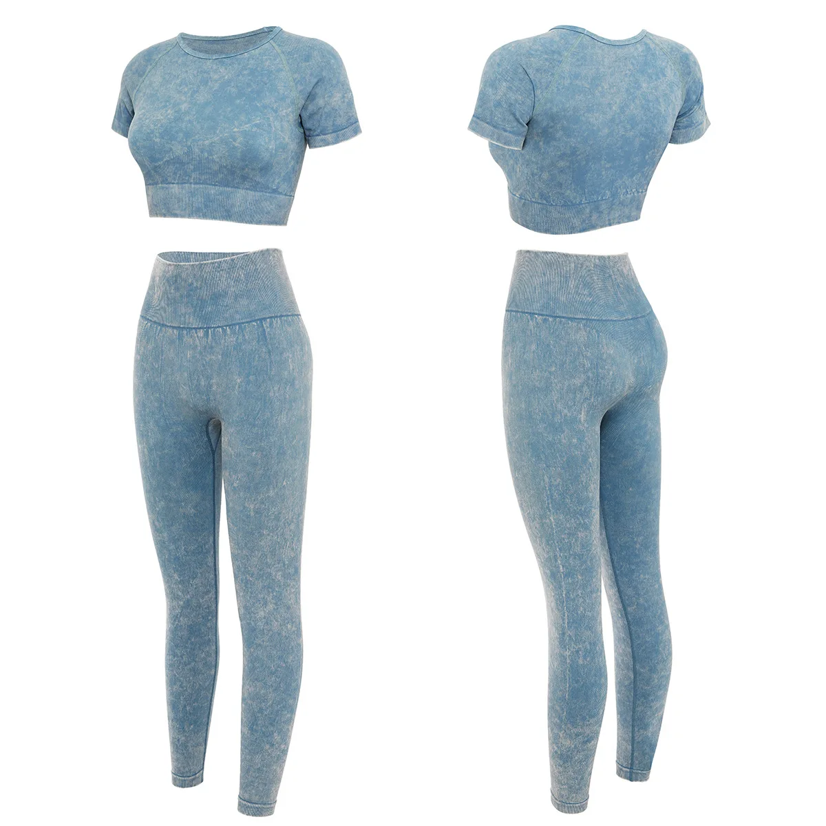 

Yoga Two Piece Set Imitation Denim Seamless Knitted Sports Clothes Sand Wash Fitness Gym Yoga Suit Running Push Up Sportswear
