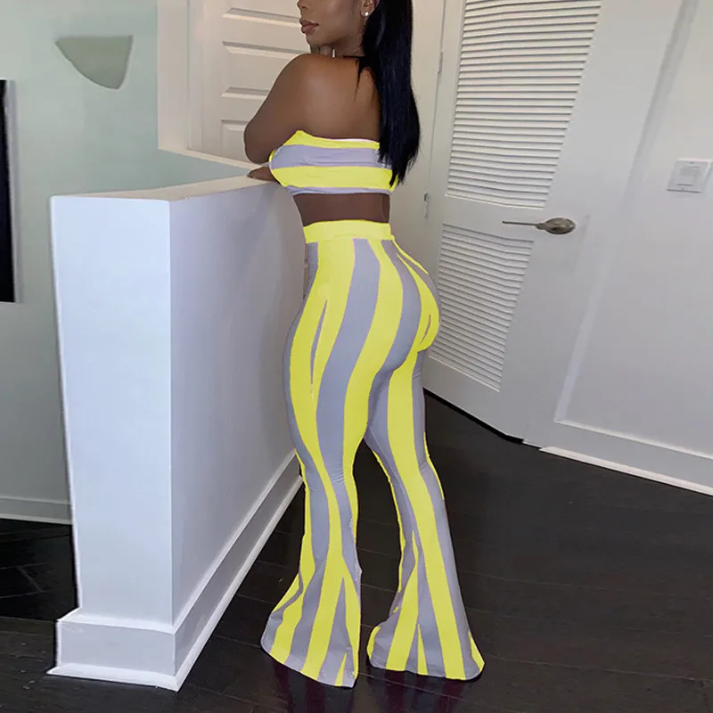 

2021 Women Striped 2 piece set Women Outfits Crop Top Pants two pieces sets Summer Clothes for Female Sexy women's suit