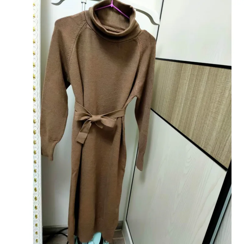 Женское трикотажное платье свитер с высоким воротником и поясом|Женские платья| |