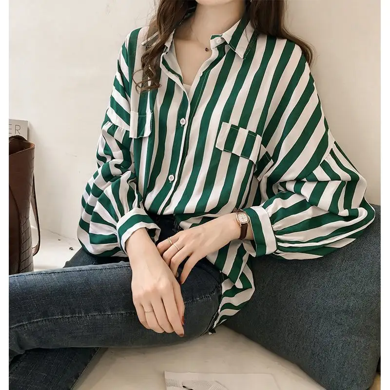 

HStar 2020 Women Elegant Chiffon Blouse Office Lady Long Sleeve Striped Top Female Turn Down Collar Harajuku Shirts