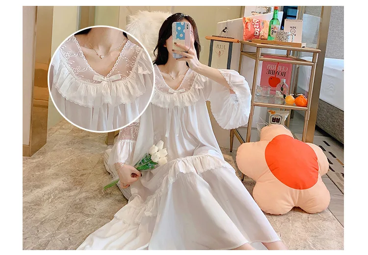 

Nightgown for Women Spring/Summer Satin Korean-Style Long-Sleeved Sweet Nightdress Cute Princess Lace Stitching Sleeping Dress