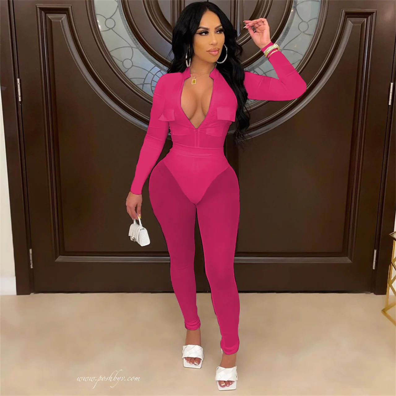 Боди с отложным воротником и длинным рукавом из сетчатого материала |