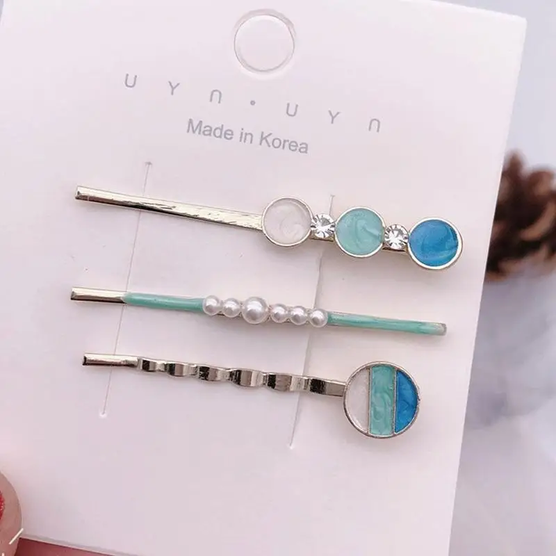 

3pcs Women Geometric Love Heart Five-Pointed Star Round Hairpin Alloy Hair Hairclip Hair Rhinestone Pearl Styling Clip set E1J2
