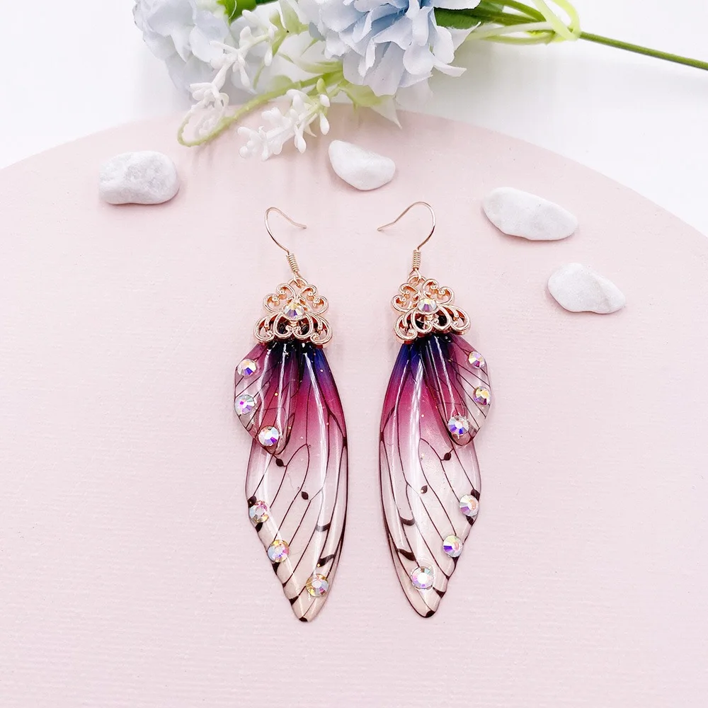 

Girafe Women Gorgeous Handmade Shining Rhinestone Long Butterfly Cicada Insect Wings Drop Earring Delicate Jewelry