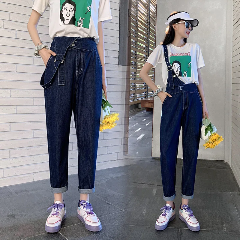 

Internet Celebrity Summer Women's Overalls Thin Design Irregular One-Shoulder Wide Leg Loose Denim Suspender Pants For Women 202