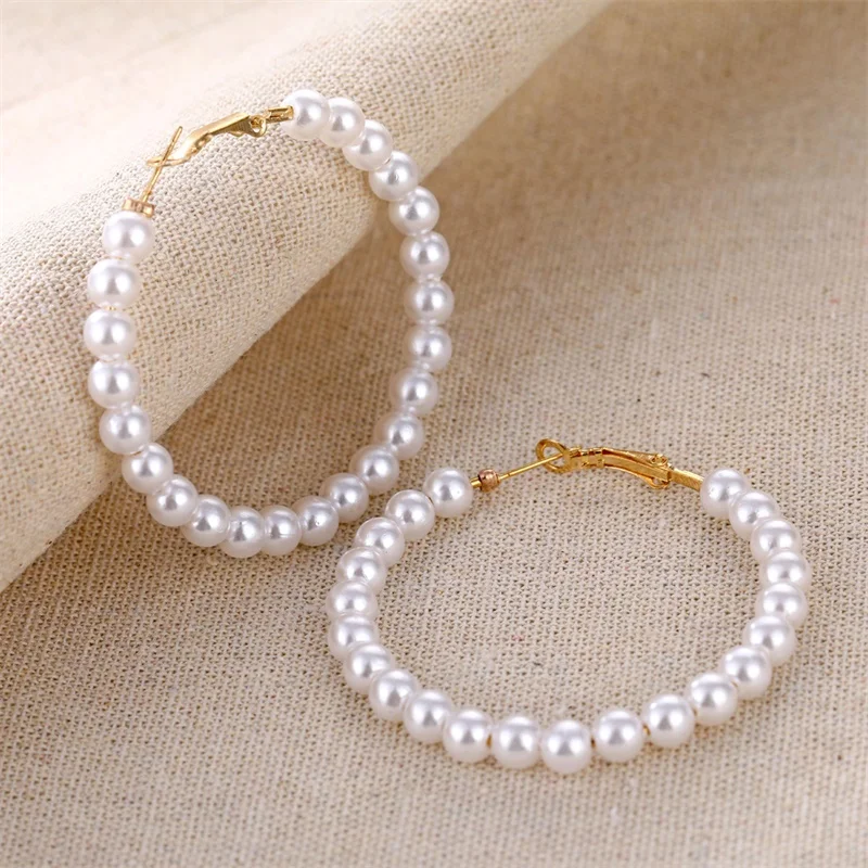 FAMSHIN Boho White Imitation Pearl Round Circle Hoop Earrings Women Gold Color Big Earings Jewelry Brincos Statement Earring | Украшения и