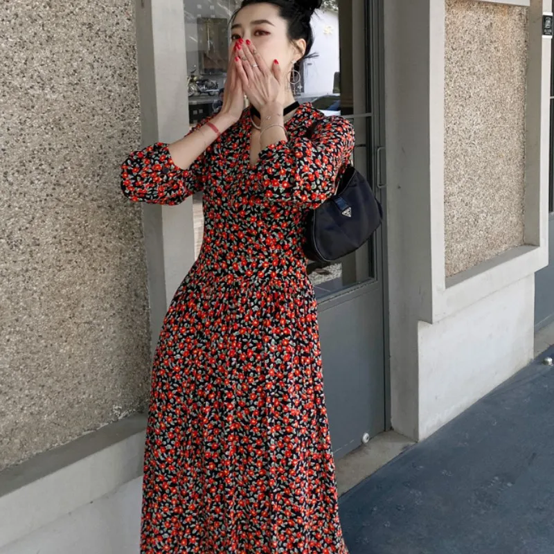 Платье женское шифоновое Плиссированное с цветочным принтом винтажное