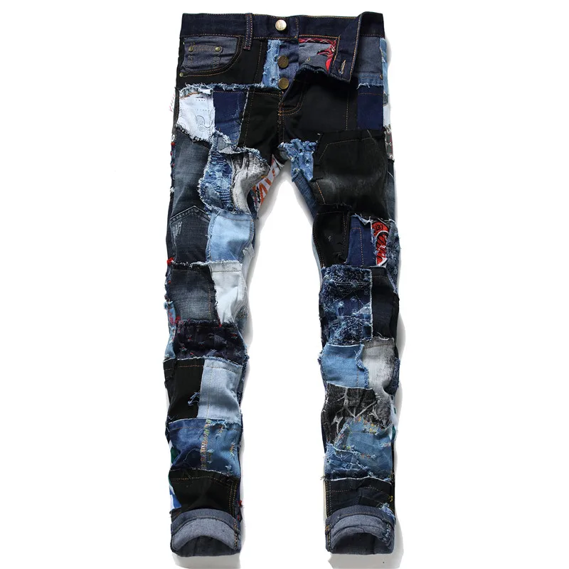 Men's Fashion Stitching Patch Design Patchwork Beggar Jeans Streetwear Buttons Fly Ripped Slim Personality Denim Pants
