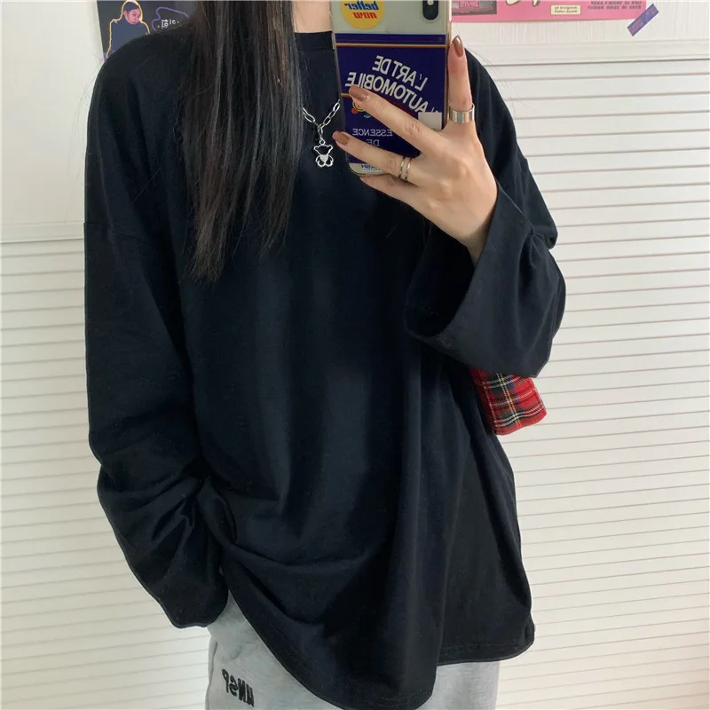 

2021 Spring New Korean Style Loose T Shirt Long Sleeve Top Back Small Label Design Solid Color Casual Women Basic Tshirts Tee